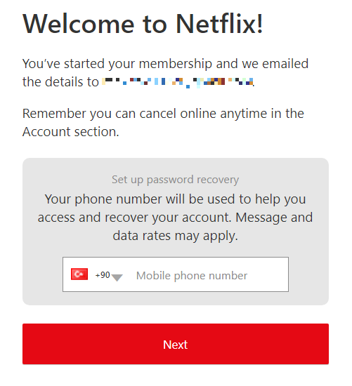 Netflixの電話番号入力画面